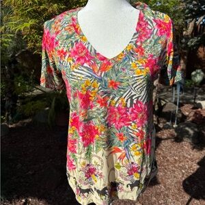 Johnny Was Pink and Yellow Floral V-Neck Short Sleeve Tee